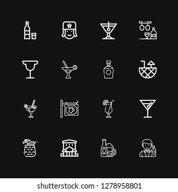 Editable 16 vodka icons for web and mobile. Set of vodka included icons line Barman, Bar, Cocktail, Brandy, Martini, Russian, Vodka on black background