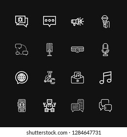 Editable 16 voice icons for web and mobile. Set of voice included icons line Chat, Robot, Voice recorder, Music, Audio, Microphone, Amplifier, Megaphone on black background
