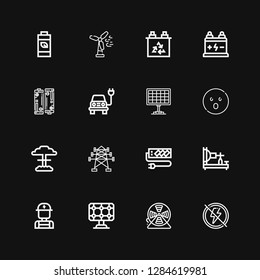 Editable 16 voltage icons for web and mobile. Set of voltage included icons line Electricity, Wire, Solar panel, Electrician, Electric telegraph, Socket, Electric tower on black background