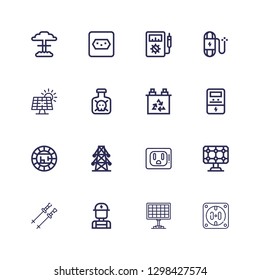 Editable 16 voltage icons for web and mobile. Set of voltage included icons line Socket, Solar panel, Electrician, Poles, Electric tower, Electric, Voltmeter on white background