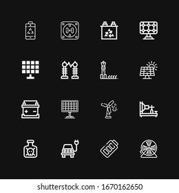 Editable 16 iconos de voltaje para web y móvil. Conjunto de voltaje incluido los iconos línea Wire, Battery, Electric, Toxic, Electric telegraph, Viento turbina, Panel solar sobre fondo negro