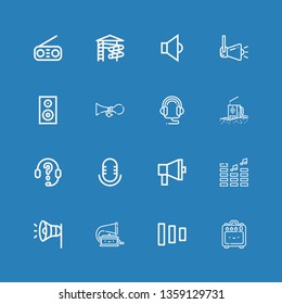 Editable 16 volume icons for web and mobile. Set of volume included icons line Amplifier, Fade buttons, Phonograph, Megaphone, Volume, Audio, Headphones, Radio on blue background