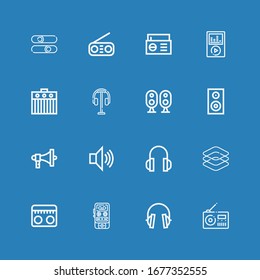 Editable 16 volume icons for web and mobile. Set of volume included icons line Radio, Headphones, Voice recorder, Dimensions, Speaker, Megaphone, Woofer, Loudspeaker on blue background