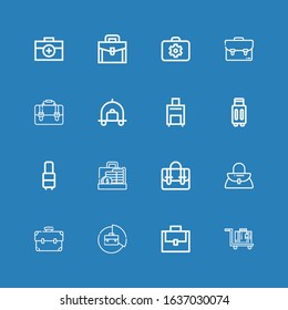 Editable 16 voyage icons for web and mobile. Set of voyage included icons line Luggage, Suitcase, Briefcase, Handbag on blue background