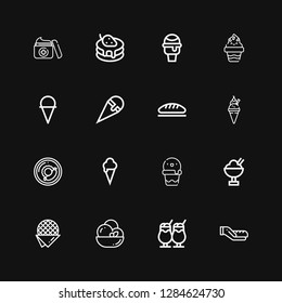 Editable 16 waffle icons for web and mobile. Set of waffle included icons line Bread, Ice cream, Stroopwafel, Breakfast, Icecream, Pancake, Cream on black background