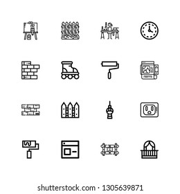 Editable 16 wall icons for web and mobile. Set of wall included icons line Balcony, Wall bracket, Window, Roller, Socket, Fernsehturm berlin, Fence, Bricks on white background