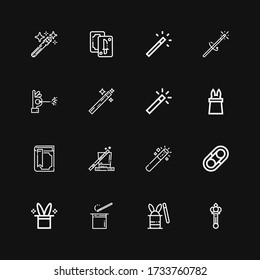 Editable 16 wand icons for web and mobile. Set of wand included icons line Scepter, Magic hat, Wand, Hugh, Magic Magic, book, Tarot on black background