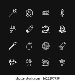 Editable 16 war icons for web and mobile. Set of war included icons line Paintball, Samurai, Terror, Water gun, Cannon, Radar, Bomb, Spear, Gas mask, Bullet on black background