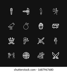 Editable 16 war icons for web and mobile. Set of war included icons line Saber, Paintball, Radar, Human rights, Soldier, Sword, Water gun, Weapons, Cannon on black background