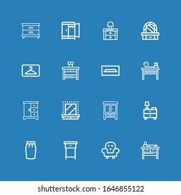 Editable 16 wardrobe icons for web and mobile. Set of wardrobe included icons line Nightstand, Furniture, Skirt, Wardrobe, Dressing room, Closet, Dressing table on blue background