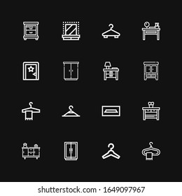 Editable 16 wardrobe icons for web and mobile. Set of wardrobe included icons line Hanger, Wardrobe, Cupboard, Nightstand, Tv table, Clothing hanger, Dressing room on black background