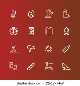Editable 16 warm icons for web and mobile. Set of warm included icons line Shoe, Heater, Thermometer, Sun, Hair dryer, Bonfire, Campfire, Sweater, Fire, Thermo, Mitten on red