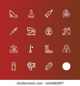 Editable 16 warm icons for web and mobile. Set of warm included icons line Sun, Fire, Hairdryer, Thermo, Coat, Shoe, Thermometer, Rain, Heater, Shoes, Cold fusion on red