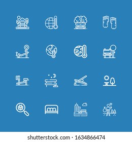 Editable 16 warming icons for web and mobile. Set of warming included icons line Environment, Park, Bench, Virus search, Global warming, Barefoot on blue background