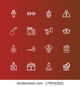Editable 16 warning icons for web and mobile. Set of warning included icons line Fire, Earthquake, Poison, Cigarette, Skull, Smoking pipe, Pirate hat, Megaphone, Bomb, Warning on red