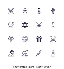 Editable 16 warrior icons for web and mobile. Set of warrior included icons line Knight, Sword, Trojan, Headdress, Swords, Kusarigama, Indian, Ninja, Sabre on white background