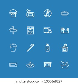 Editable 16 wash icons for web and mobile. Set of wash included icons line Bathtub, Laundry basket, Sink, Bath, Gel, Toothbrush, Bucket, Machine, Plumber, Washing machine on blue background