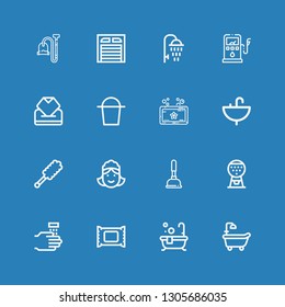 Editable 16 wash icons for web and mobile. Set of wash included icons line Bathtub, Bath, Makeup remover, WASHING HANDS, Machine, Plunger, Maid, Duster, Sink on blue background