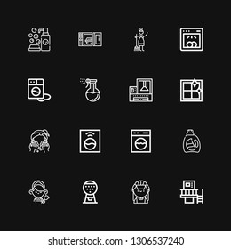 Editable 16 washer icons for web and mobile. Set of washer included icons line Machine, Maid, Detergent, Washing machine, Washing, Clean window, Dishwasher on black background