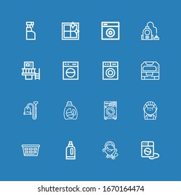 Editable 16 iconos de lavavajillas para la web y la móvil. Conjunto de lavadoras incluidas línea de iconos Lavadora, Maid, Detergente, Lavandería, Vacío, Máquina, Limpia ventana, Limpieza de pulverización sobre fondo azul