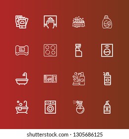 Editable 16 washing icons for web and mobile. Set of washing included icons line Soap, Washing, machine, Bath, Spray bottle, Cleaning, Microwave oven, Cleaning spray on red