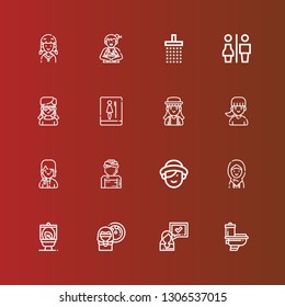 Editable 16 washroom icons for web and mobile. Set of washroom included icons line Toilet, Woman, Wc, Girl, Restrooms, Shower on red