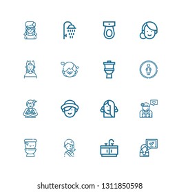 Editable 16 washroom icons for web and mobile. Set of washroom included icons line Woman, Bathroom, Girl, Wc, Restroom, Toilet, Boy, Shower on white background