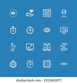 Editable 16 watch icons for web and mobile. Set of watch included icons line Tv, Wall clock, Stopclock, Hourglass, Binoculars, Television, Vision, Clock, Stop watch on blue background