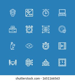 Bearbeitbar 16 Uhr Icons für Web und Mobile. Uhrensatz inbegriffen Symbole Zeile Uhren, Auge, Smartwatch, Fernsehen, Video, Chronometer, Fernseher, Fernsehen, Zeit, Visuelle, Alarma Uhr auf blauem Hintergrund