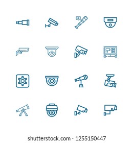 Editable 16 watching icons for web and mobile. Set of watching included icons line Security camera, Cctv, Telescope, Surveillance, Hidden camera on white background
