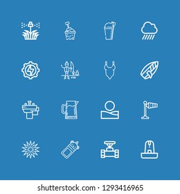 Editable 16 water icons for web and mobile. Set of water included icons line Fountain, Pipe, Bottle, Sea urchin, Wind signal, Desert, Pitcher, Basin, Surfboard on blue background