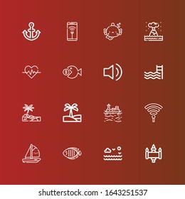 Editable 16 wave icons for web and mobile. Set of wave included icons line Signal, Sea, Fish, Boat, Hotspot, Oasis, Swimming pool, Audio, Heartbeat, Eruption, Wifi, Anchor on red