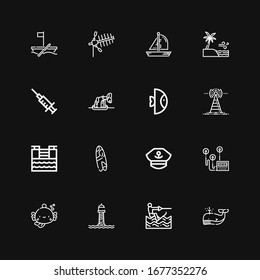 Editable 16 iconos de onda para web y móvil. Conjunto de olas incluyeron iconos línea Ballena, Wakeboarding, Faro, Pescado, Velocidad de Corazón, Capitán, Surfboard, Tsunami, Antena sobre fondo negro