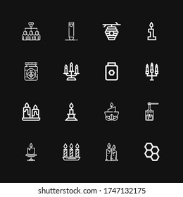 Editable 16 wax icons for web and mobile. Set of wax included icons line Honeycomb, Candles, Candle, Honey, Beehive, Crayon, Hive on black background