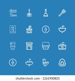 Editable 16 Wc Icons For Web And Mobile. Set Of Wc Included Icons Line Potty, Toilet, Sink, Restroom, Bathroom, Toilet Paper, Portable Toilets, Wc, Plunger On Blue Background