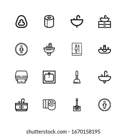 Editable 16 wc icons for web and mobile. Set of wc included icons line Restroom, Toilet brush, Toilet paper, Bathroom, Sink, Plunger, Toilet, Potty on white background
