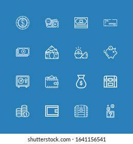 Editable 16 wealth icons for web and mobile. Set of wealth included icons line Coins, Chest, Wallet, Money bag, Safebox, Piggy bank, Money, Yuan, Cheque, Dollar on blue background