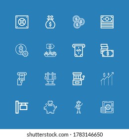 Editable 16 iconos de riqueza para web y móvil. Conjunto de riqueza incluido iconos línea Safebox, chino, banco de cerdos, cartel, dinero, máquina tragamonedas, pecho, atm, dólar, moneda con fondo azul