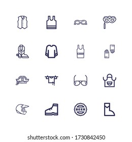 Editable 16 wear icons for web and mobile. Set of wear included icons line Boot, Cap, Helmet, Apron, Sunglasses, Clothes hanger, Hat, Gloves, Sleeveless shirt on white background