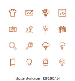 Editable 16 website icons for web and mobile. Set of website included icons line Idea, Smartphone, Upload, Analytics, Magnifier, Slider, Writing, Play, Download on white background