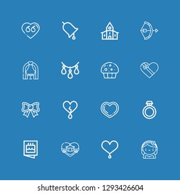 Editable 16 wedding icons for web and mobile. Set of wedding included icons line Bride, Heart, Honeymoon, Invitation, Ring, Bow, Gift box, Muffin, Necklace on blue background