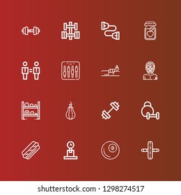 Editable 16 weight icons for web and mobile. Set of weight included icons line Gym, Billiard, Weight, Hot dog, Weightlifting, Punching ball, Dumbbell, Wrestler, Fitness on red