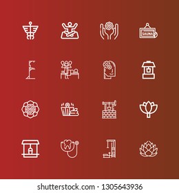Editable 16 wellness icons for web and mobile. Set of wellness included icons line Lotus, Gym station, Stethoscope, Well, Sauna, Spiritual, Relax, Massage, Yoga, Caduceus on red