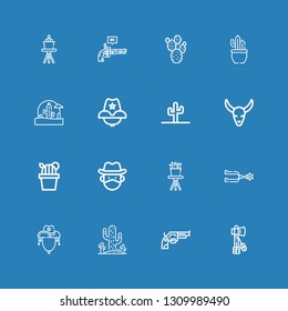 Editable 16 western icons for web and mobile. Set of western included icons line Tomahawk, Revolver, Cactus, Cowboy hat, Spur, Cowboy, Bull skull, Wild west on blue background