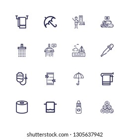 Editable 16 wet icons for web and mobile. Set of wet included icons line Pool, Eye dropper, Towel, Tissue, Umbrella, Dropper, Pipette, Sea, Shower, Towels on white background