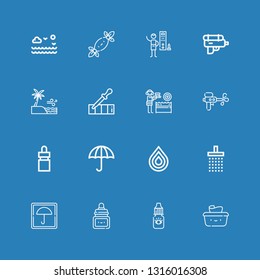 Editable 16 wet icons for web and mobile. Set of wet included icons line Wet wipes, Eye dropper, Ink, Umbrella, Shower, Drop, protect, Water gun, Pipette on blue background