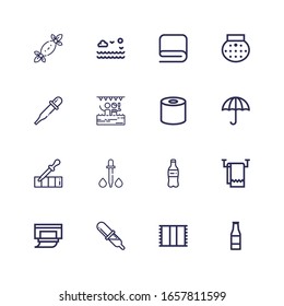Editable 16 wet icons for web and mobile. Set of wet included icons line Beer bottle, Towel, Pipette, Wipes, Plastic bottle, Dropper, Wet protect, Tissue, Pool on white background