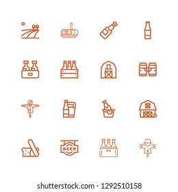 Editable 16 wheat icons for web and mobile. Set of wheat included icons line Scarecrow, Beer, Bread, Barn, Beer bottle, Roll cake, Field on white background
