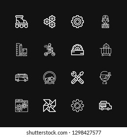 Editable 16 wheel icons for web and mobile. Set of wheel included icons line Food truck, Gear, Pinwheel, Settings, Pirate, Hamster ball, Minibus, Food cart on black background