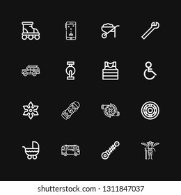 Editable 16 wheel icons for web and mobile. Set of wheel included icons line Pirates, Suspension,  bus, Stroller, Wheel, Engine, Skateboard, Shuriken, Handicap on black background